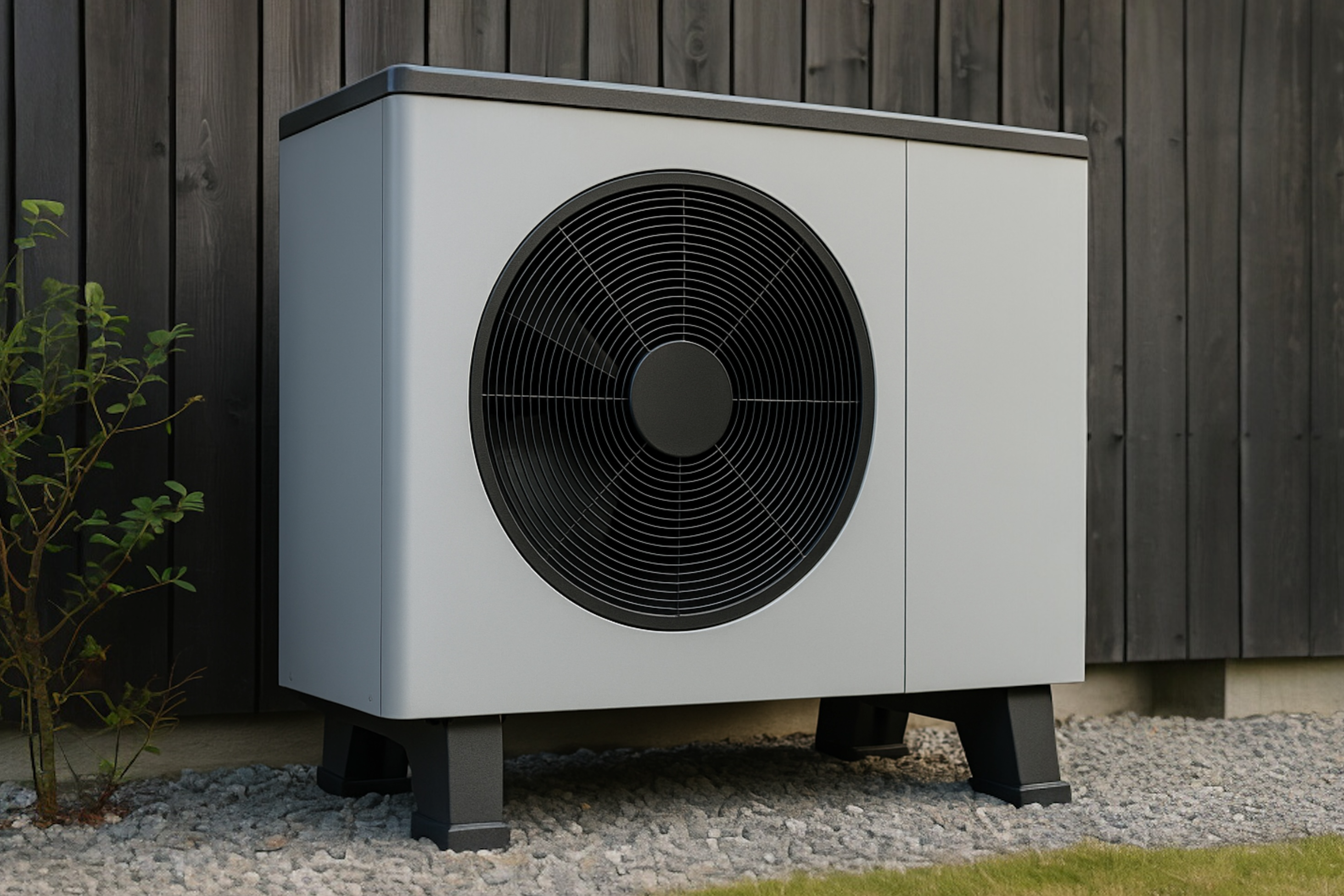 Outdoor unit of an air-to-water heat pump installed beside a dark-clad building