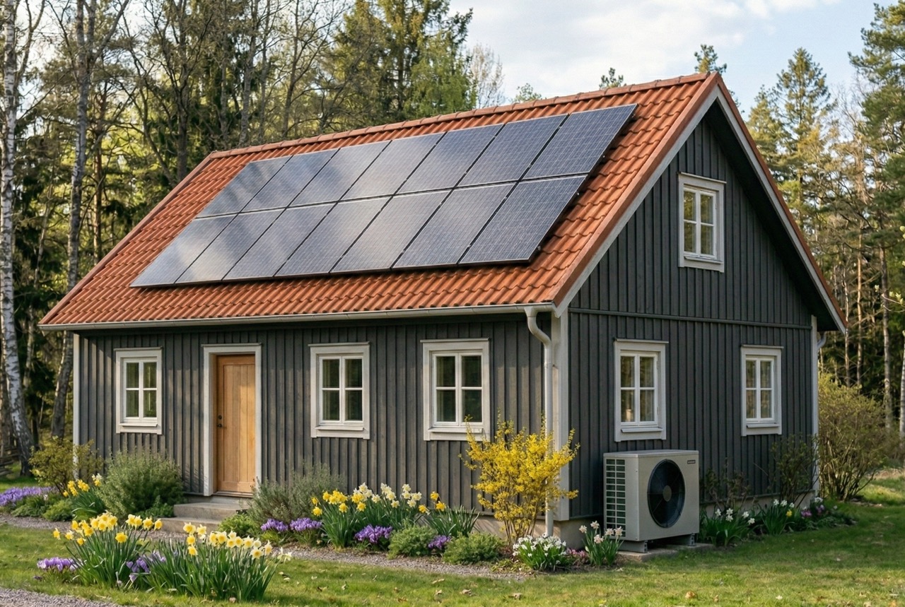 Building with a heat pump and rooftop solar panels in spring